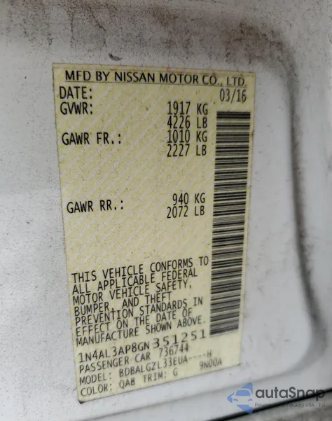 2016 Nissan Altima 2.5 z USA, uszkodzony, nr VIN 1N4AL3AP8GN351251